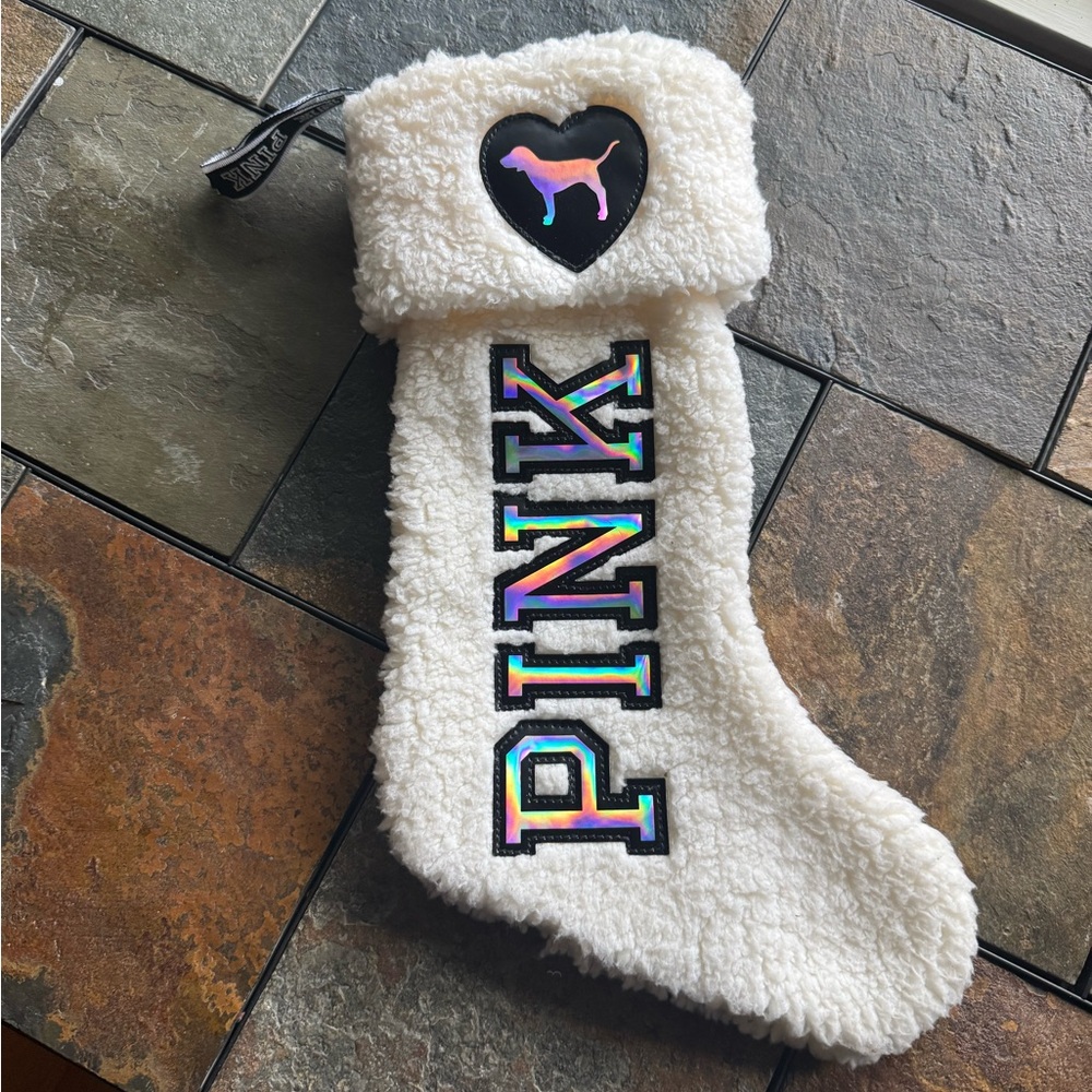 VS PINK Fluffy White Sherpa Iridescent Logo Stocking NWOT
